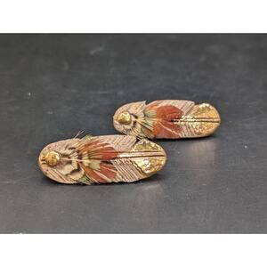 Vintage 80s Ceramic Feather Earrings Gold Luster Real Pheasant Feathers Boho
